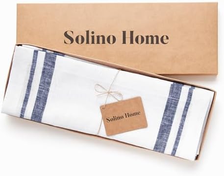 Solino Home 100% Linen Placemats, 14 x 19 in, Navy, French Stripe, Set of 4