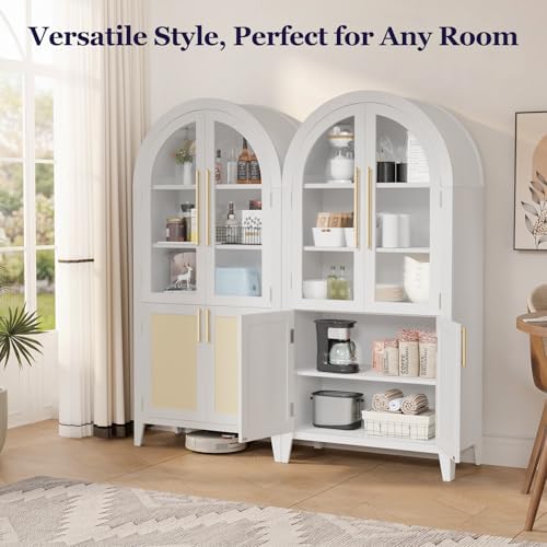 63" Tall Arched Cabinet with Glass Doors, Kitchen Pantry Storage Cabinet with Dust-Proof Rattan, 5-Tier Curio China Cabinet with Adjustable Shelves for Living Room Dining Room, White