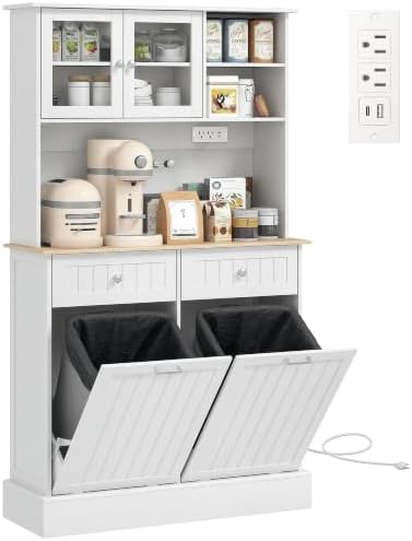 HOMCOM Kitchen Pantry with Tilt-Out Trash Can Cabinet, Power Outlet, White