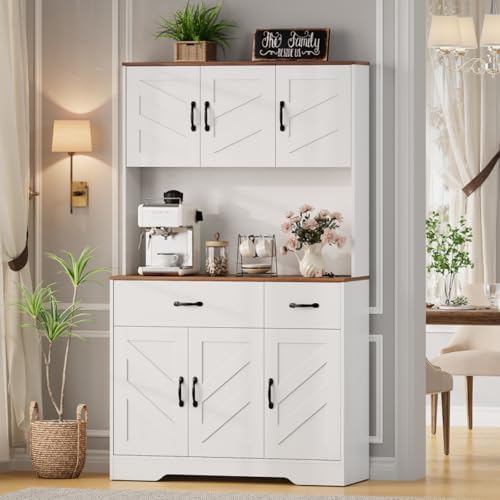 Garvee 71" Kitchen Pantry Cabinet with Charging Station, Kitchen Hutch Storage Cabinet with Large Countertop & 2 Drawers, Wood Farmhouse Food Pantry Cabinet for Dining Room, Living Room, White