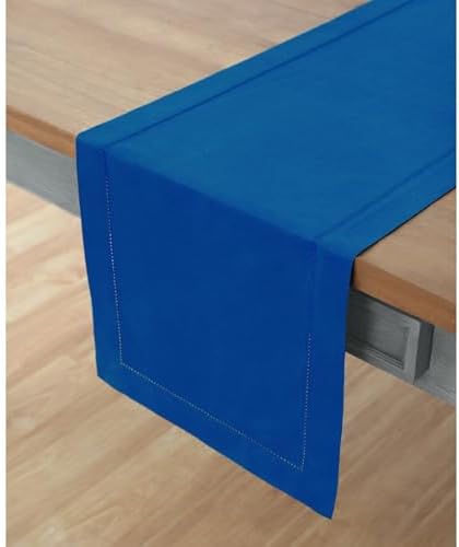 Solino Home Cotton Linen Table Runner Blue, Hemstitch Collection 14 x 90 in