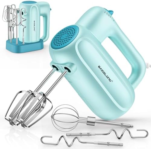 BAIGELONG Hand Electric Mixer, 5-Speed KitchenMixer with 5 * 304 Stainless Steel Attachments + Storage Base, Food Handheld Mixer for Baking, Whipping Cream, Cake Mixing, Blue