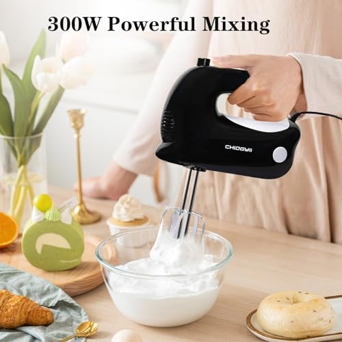 5-Speed Hand Mixer Handheld，300 W Electric Whisk with 4 Stainless Steel Accessories，Electric Hand Mixer for Baking Cakes, Eggs, Cream （Black）