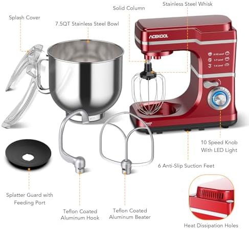 7.5QT Stand Mixer 660W | 10-Speed Tilt-Head Electric Food Mixer with Stainless Steel Bowl | Heavy Duty Dough Mixer for Baking, Bread, Cake, Cookie | Easy Clean Home Kitchen Mixer
