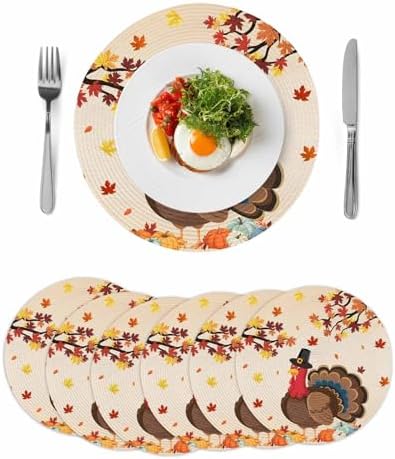 Fall Round Placemats Set of 6 Thanksgiving Harvest Pumpkin Turkey Place Mats Washable Woven Placemat Orange Maple Leaves Circle Braided Table Mat for Kitchen Dining Holiday Party Fall Decor 15 Inch