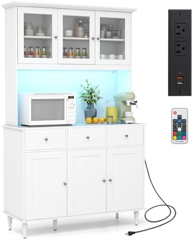 GIANTEX 77” Large Pantry Cabinet, Kitchen Buffet Hutch w/LED Lights 20 Colors, Outlet, 3 Drawers, Microwave Countertop, Freestanding Cupboard with 4 Adjustable Shelves & Tempered Glass Doors (White)