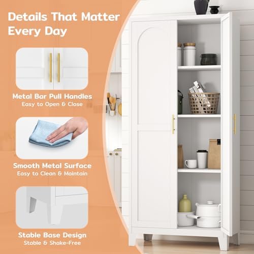 Zevemomo 61" H Metal Kitchen Pantry Cabinet, Freestanding Cupboard with 2 Doors and 3 Adjustable Shelves, Tall Metal Storage Cabinet for Kitchen, Bathroom, Dining Room or Laundry Room （White）