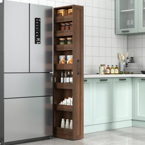 KEIKI 7 Tier Pull-Out Kitchen Pantry Storage Cabinet, Multi-Tier Single-sided Open Shelf, Spice Rack Next to Fridge, Freestanding Wood Hutch Food Pantries Cupboard for Dining Room, Narrow Spaces
