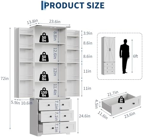 IDEALHOUSE Farmhouse Kitchen Pantry Cabinet - 72" Tall Large Wood Kitchen Storage Cabinets with Adjustable Shelves & 2 Barn Doors & 3 Drawer, Versatile Storage for Dining Room, Bathroom, Living Room