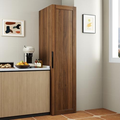 KEIKI 21.65" W Slim Kitchen Pantry Storage Cabinet with Door-Side Rack & Shelves, Tall Narrow Freestanding Sideboard Wood Hutch Food Pantries Cupboard for Coffee Bar, Dining Room