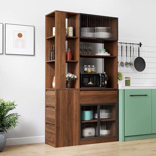 KEIKI 70.87" Tall Kitchen Pantry Storage Cabinet with 5 Drawers, Side Shelves, Glass Doors & Microwave Stand, Freestanding Wood Hutch Food Pantries Cupboard Organizer for Entrance Dining Room, Hallway