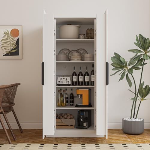 KEIKI 63" Tall Kitchen Pantry Storage Cabinet with Door-Side Rack & Shelves, Freestanding Wood Hutch Food Pantries Cupboard for Coffee Bar, Dining Room