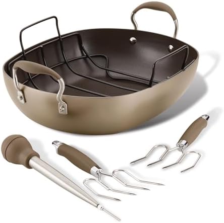 Anolon Advanced Home Hard-Anodized Nonstick Open Stock Cookware- 6 x 13 Oval Roaster with Bulb Baster and 2-Piece Turkey Lifter Set (Bronze)