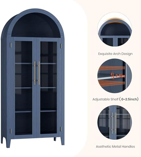 GarveeHome Arched Kitchen Pantry Cabinet - Farmhouse 5 Tier Display Shelf with Adjustable Shelf and 2 Large Glass Doors, Versatile Storage Cupboard for Kitchen, Dining Room, Living Room, Night Blue