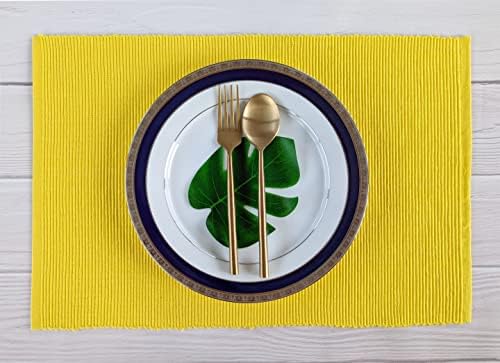 100% Cotton Ribbed Placemats - Set of 4-13 x 19 Inches - Yellow - Everyday/Thanksgiving/Fall Thick Construction Fabric Table Mats - Washable Reusable Cloth Place Mats - by AVKA Studio