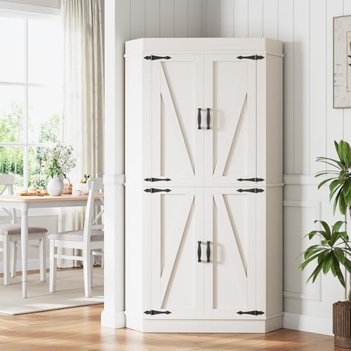 Jocoevol Corner Cabinet,71'' Kitchen Pantry Storage Cabinet with 4 Doors and Shelves, Tall Food Pantry Storage Cabinet Farmhouse Furniture for Kitchen Dining Room, White