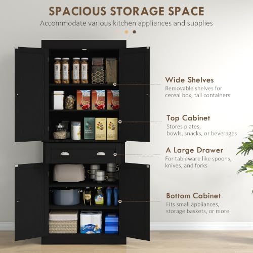 HOMCOM 72.5" Kitchen Pantry Cabinet Freestanding 4 Doors Black Wood Grain