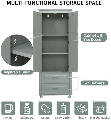 Merax 62.5" Pantry Cabinet with Two Doors & Two Drawers, Adjustable Shelves Storage Cupboard for Kitchen/Dining Room/Bathroom, Gray