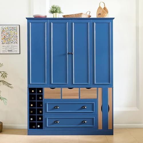 Merax Farmhouse 71" Large Kitchen Pantry Cabinet with Power Outlet, 53.2" Wide Storage Cupboard with 4 Foldable Doors, Adjustable Shelves, Wine Racks & Serving Trays, for Dining Room, Blue