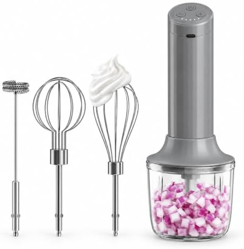 Cordless Hand Mixer, 4-in-1 Handheld Electric Mixer with Electric Whisk Frother & 10 oz Mini Food Chopper, USB-C Rechargeable 4-Speed Hand Mixer for Eggs, Cream, Coffee & Small-Batch Prep