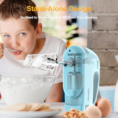 LILPARTNER Electric Hand Mixer with Storage Box, Ultra Power Kitchen Hand Mixer With 7-Speed & 5 Stainless Steel Accessories for Whipping Dough, Cream, Cake, Dishwasher Safe, LIGHT BLUE BOX
