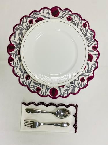 Ridhi Floral Block Print Round Placemats 15 Inch, Set of 4, Sangria Red