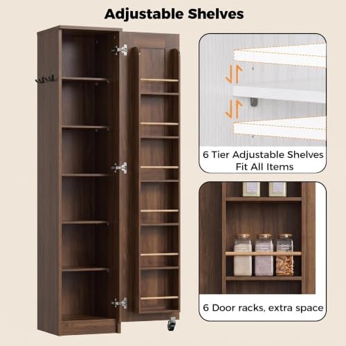 IRONCK Narrow Kitchen Pantry Cabinet, 72" H,Slim for Small Place, Walnut