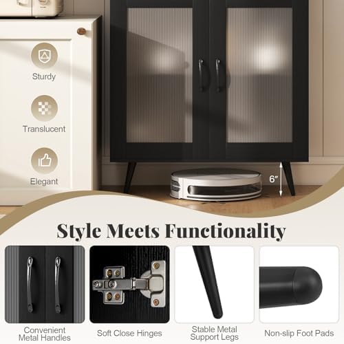 GIANTEX Kitchen Pantry Storage Cabinet, 70.5" Cupboard with 4 Transparent Doors, Adjustable Shelf & Metal Legs, Freestanding Tall Hutch Cabinet for Dining Room, Living Room, Office & Bathroom, Black