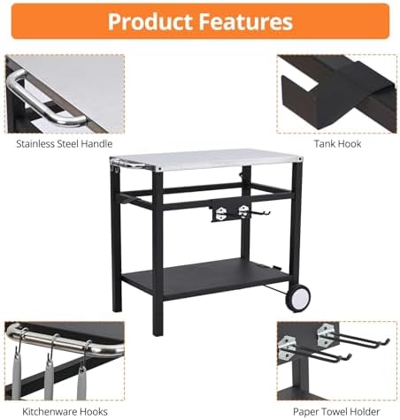 Dining Cart Table with Double-Shelf, Movable Stainless Steel Flattop Worktable, Hooks, Side Handle, Multifunctional for Bar, Patio, Camping, Home