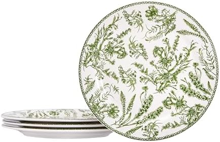 Bico Green Garden Toile De Jouy Dinner Plates Set of 4, 11 Inch Large Ceramic Plates for Pasta, Steak, Stylish Serving Dishes, Microwave and Dishwasher Safe, Gift for Housewarming and Thanksgiving