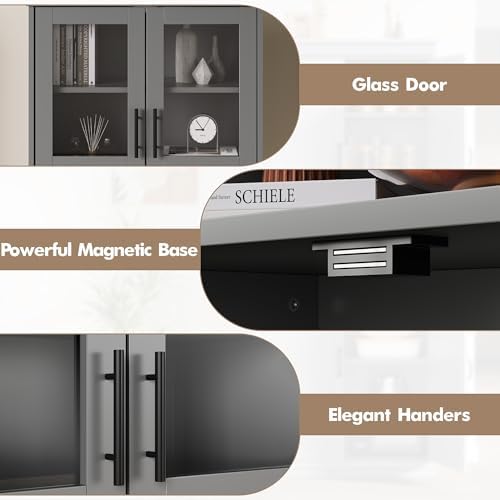 IDEALHOUSE 67-Inch Storage Cabinet with Glass & Wood Doors - 6-Shelf Modern Cupboard with Adjustable Shelves & Magnetic Base for Kitchen Pantry, Living Room, Bookcase，Bathroom Locker