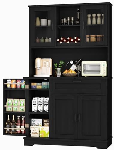 Shintenchi 68" Kitchen Pantry Storage Cabinet, with Microwave Stand, Black