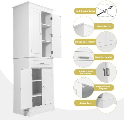 Merax 70" Tall Kitchen Pantry Cabinet with Four Doors & One Drawer, Storage Cupboard for Living Room/Dining Room/Bathroom, Adjustable Shelves, White