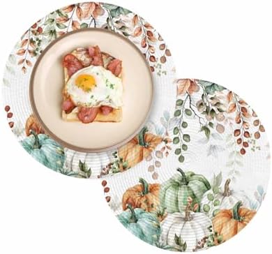 Fall Round Placemats Set of 2 Thanksgiving Autumn Eucalyptus Leaf Place Mats Woven Placemat Sage Green Maple Leaves Pumpkin Circle Braided Table Mat for Kitchen Holiday Party Fall Decor 15 Inch