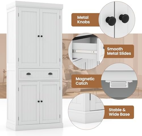 GIANTEX Pantry Organizers and Storage, 72" Tall Kitchen Cabinet with 2-Door Cabinets & Drawer, Buffet Sideboard w/Adjustable Shelves, Wooden Freestanding Cupboard for Dining Room Living Room (White)