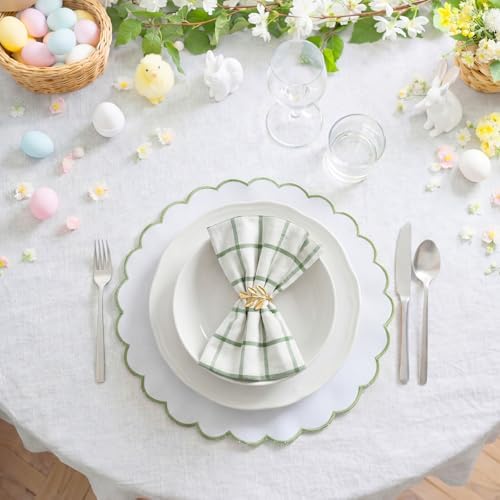 Set of 24 White Cotton Placemats 15" Round Scalloped Green