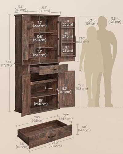 VASAGLE Pantry Cabinet, Freestanding Tall Cupboard with a Drawer