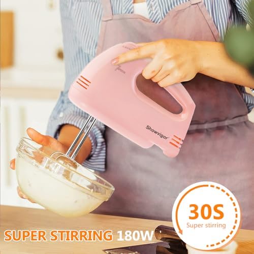 Handmixer Electric Handheld - 7 Speed Portable Kitchen Mixer Electric with 5 Stainless Steel Accessories Whisk, Food Beater for Whipping Mixing Cookies Cakes Eggs, Pink
