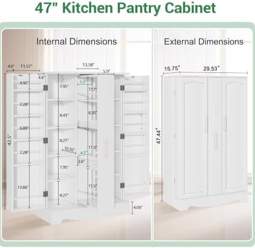 kepptory 47" Kitchen Pantry Cabinet with Drawer, Freestanding Food Storage Cabinet with Doors and Adjustable Shelves, Floor Cupboard Organizer for Dining Room White