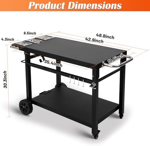Black Cast Iron 2-Shelf Grill Cart with Wheels,Heavy Duty Pizza Oven Stand for Blackstone Ninja,Outdoor Cooking Station with Durable Tabletop