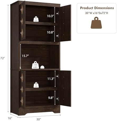 Garvee 72" Tall Pantry Cabinet, Kitchen Hutch Storage Cabinet with Countertop for Microwave, Freestanding Wooden Cupboard with Carved Door & Crystal Handle, for Dining Room, Living Room, Reddish Brown