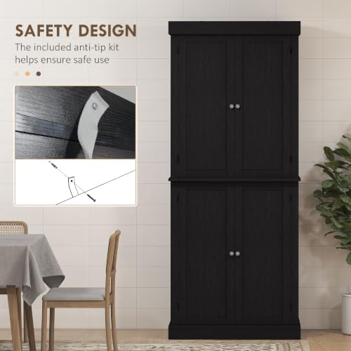 HOMCOM 72.5" Tall Kitchen Pantry Cabinet 4 Doors Modern Black Wood Grain