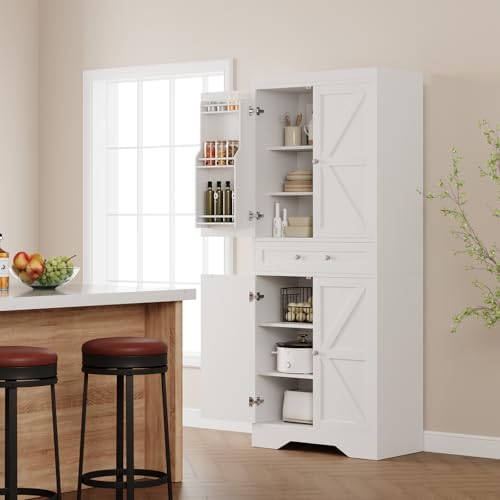 72'' Pantry Cabinet, Farmhouse Kitchen Storage Cabinet with Drawers, Adjustable Shelves, Door Shelves, Tall Kitchen Pantry for Dining Room, White