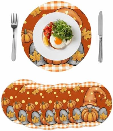 Fall Round Placemats Set of 6 Thanksgiving Pumpkin Gnome Place Mats Washable Woven Placemat Maple Leaf Orange Buffalo Plaid Circle Braided Table Mat for Kitchen Dining Holiday Party Fall Decor 15 Inch
