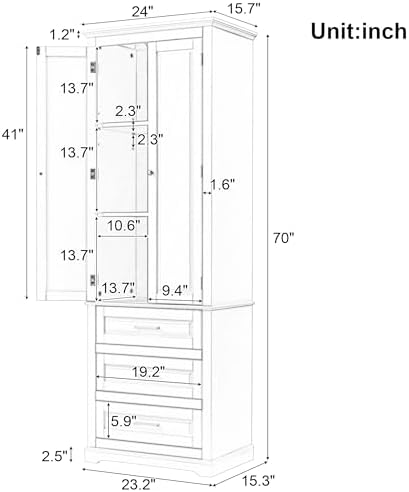 Merax 70" Pantry Cabinet with Two Doors & Three Drawer, Adjustable Shelves Storage Cupboard for Kitchen/Dining Room/Bathroom, White
