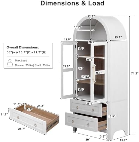 Merax 71" Tall Arched Farmhouse Pantry Cabinet with Glass Doors & 2 Large Drawers - Adjustable Shelves, Modern Kitchen Storage Cupboard for Dining Room, Living Room (30" W x 15.75" D), White