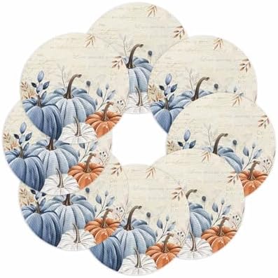 Fall Round Placemats Set of 8 Thanksgiving Blue Pumpkin Place Mats Washable Woven Placemat Autumn Eucalyptus Leaves Circle Braided Table Mat for Kitchen Dining Table Holiday Party Fall Decor 15 Inch