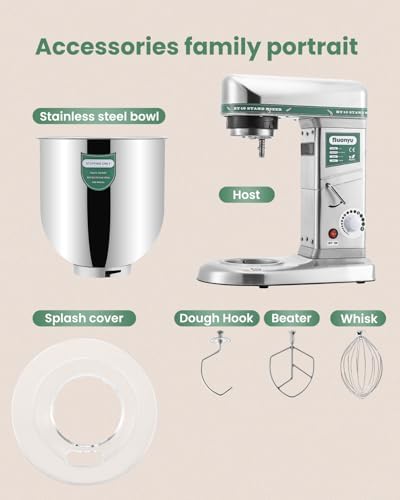Huanyu 10QT Commercial Stand Mixer, 3-in-1 Stepless Speed Stainless Steel