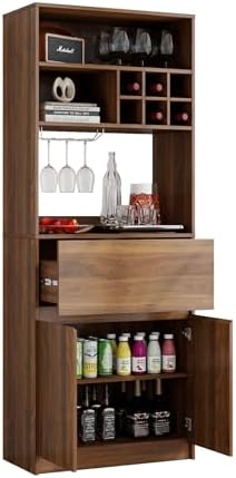 KEIKI 70.87" H Tall Kitchen Pantry Wine Bar Storage Cabinet with Countertop, Wine Rack, Glass Holder, Drawers, Wood Freestanding Hutch Food Pantries Cupboard for Coffee, Dining Living Room