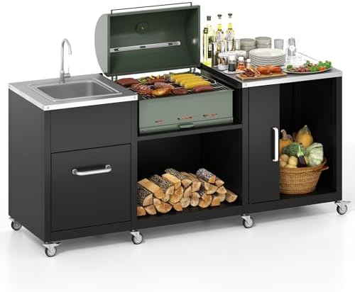 Happygrill 80” Outdoor Grill Table with Sink & Drainage, Wheels